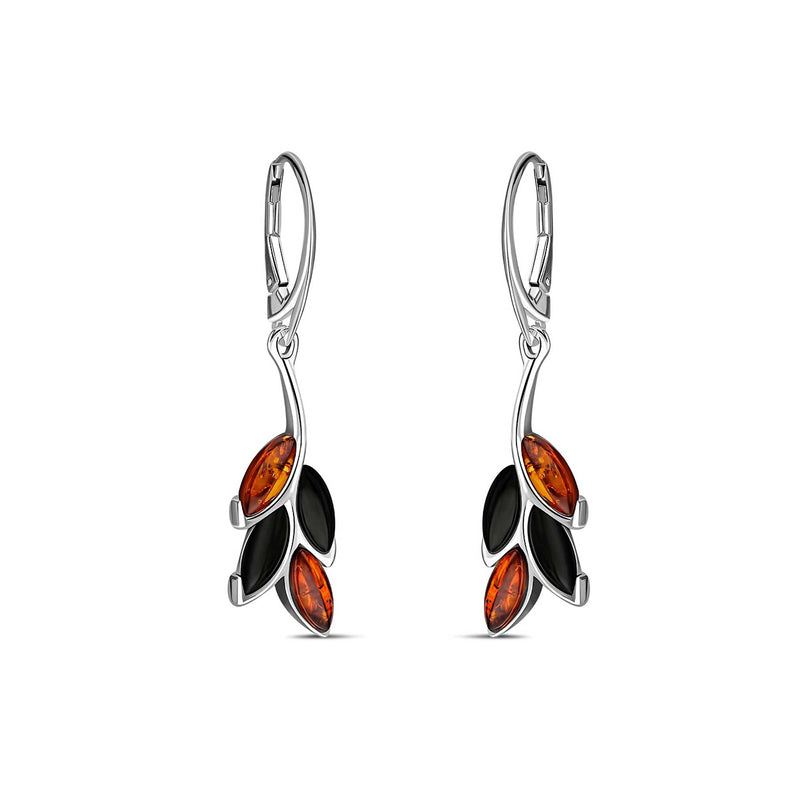 Sterling Silver Whitby Jet & Amber Four Leaf Drop Earrings