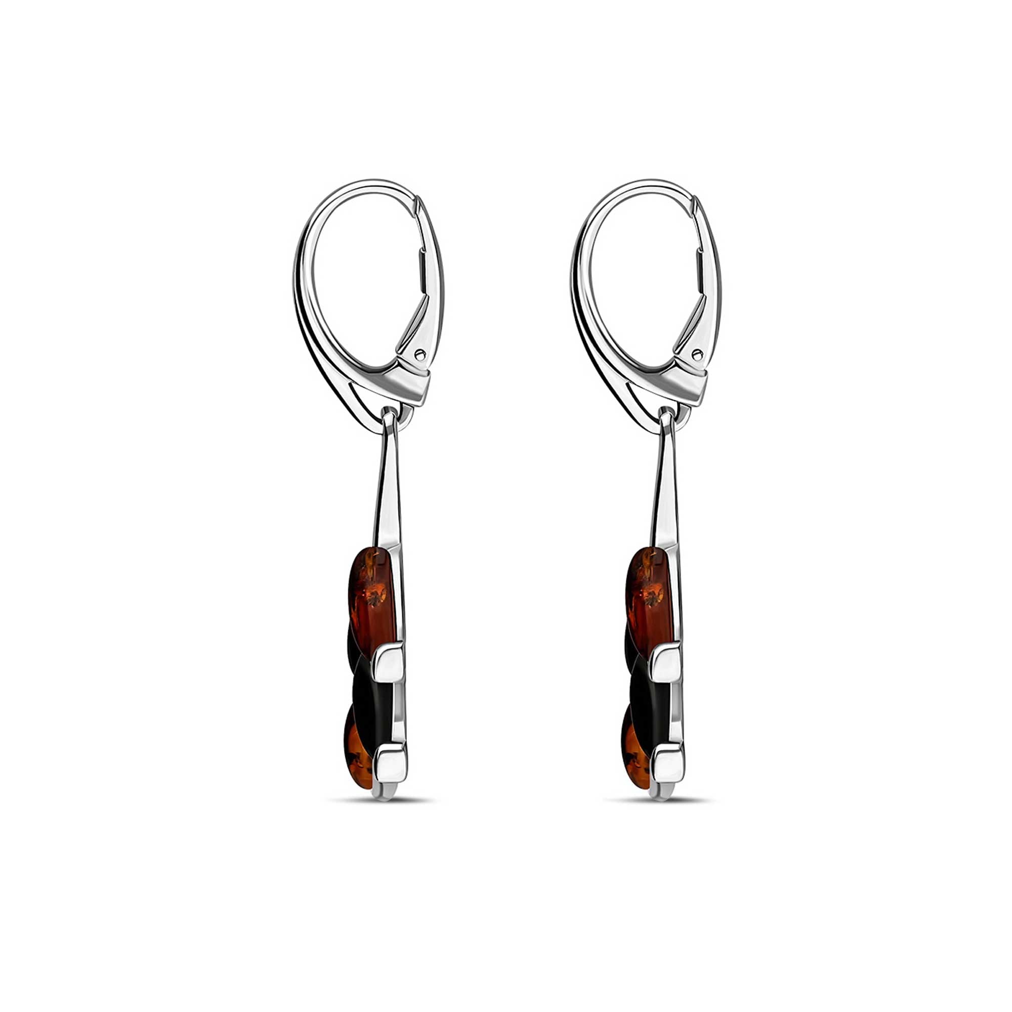 Sterling Silver Whitby Jet & Amber Four Leaf Drop Earrings