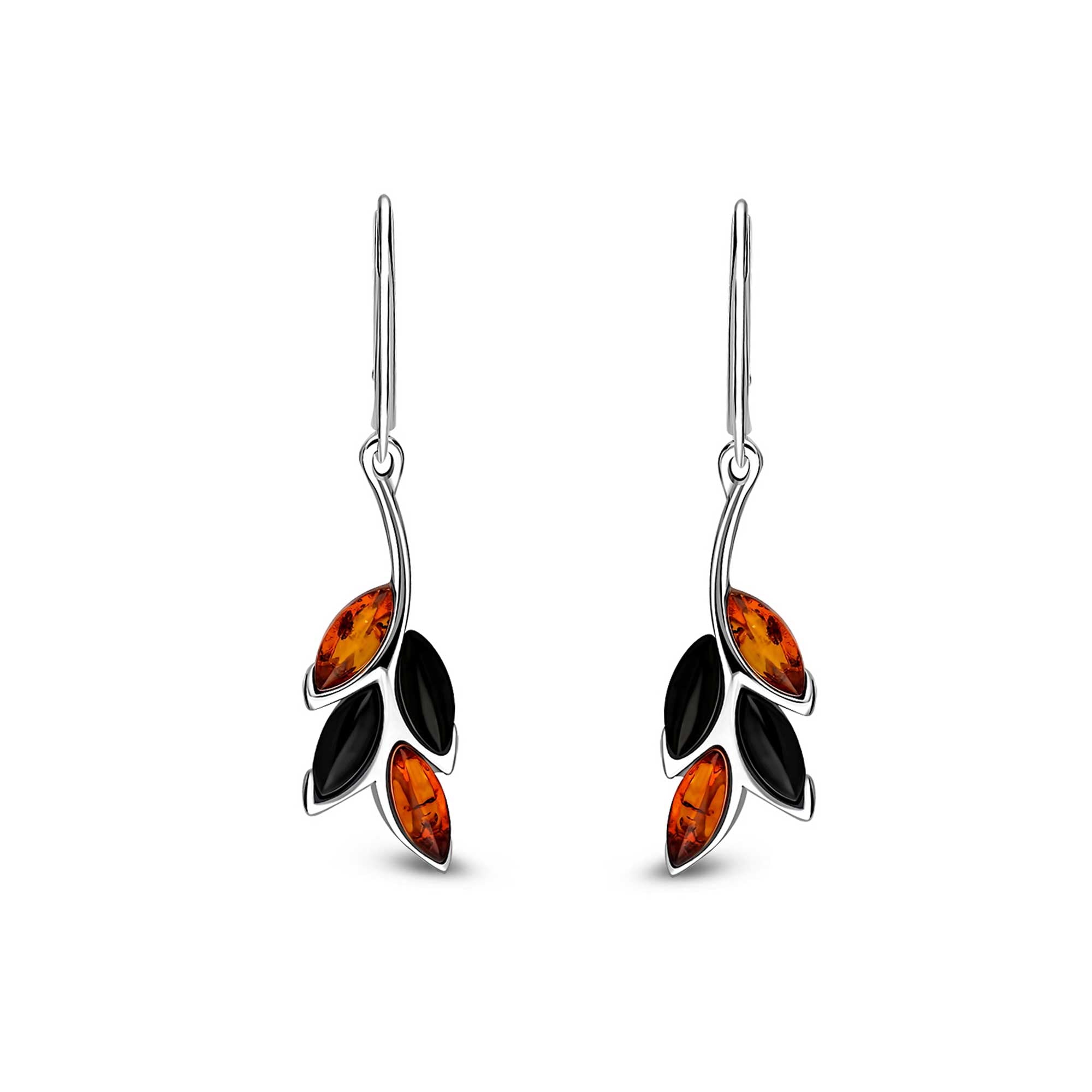 Sterling Silver Whitby Jet & Amber Four Leaf Drop Earrings
