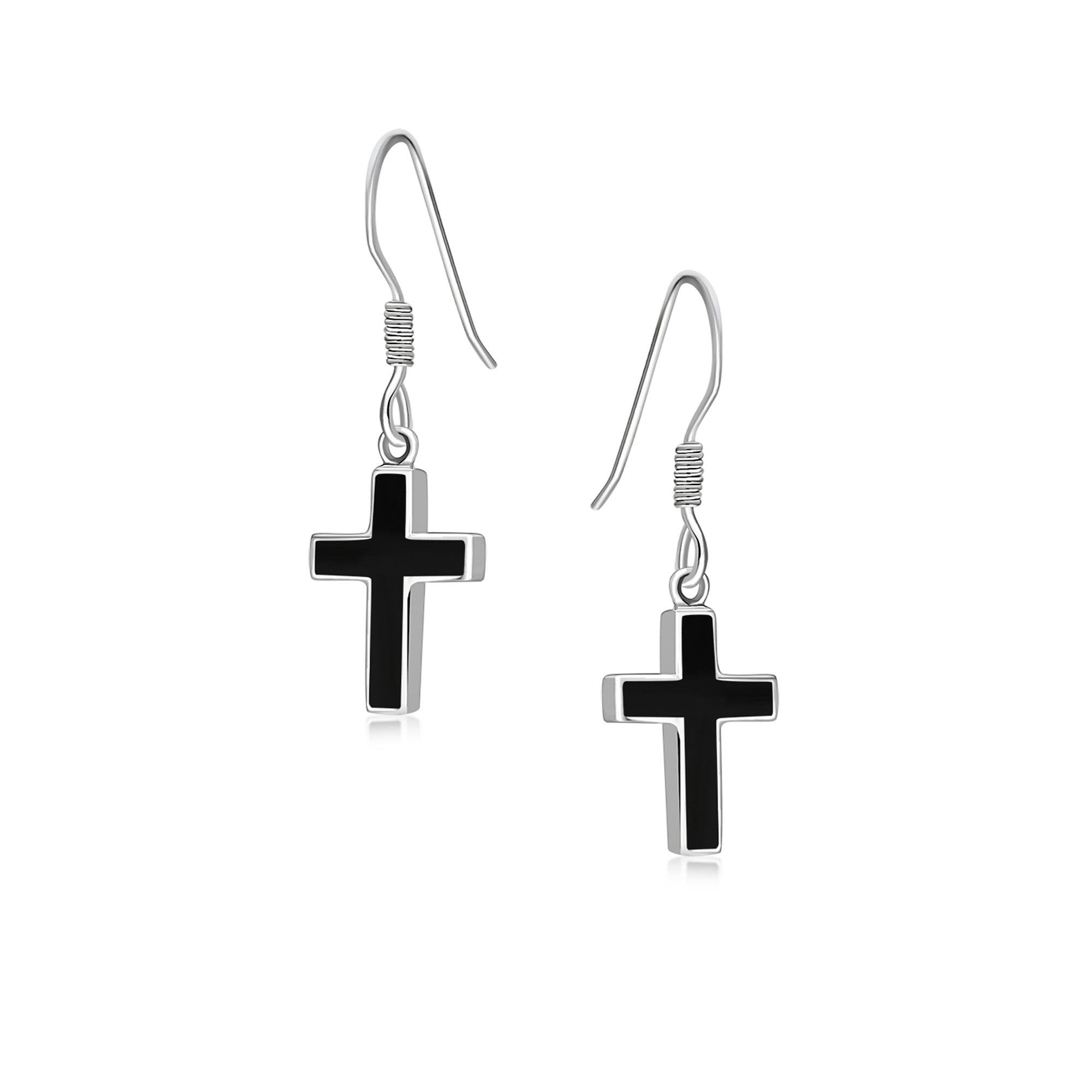 Sterling Silver Whitby Jet Cross Drop Earrings