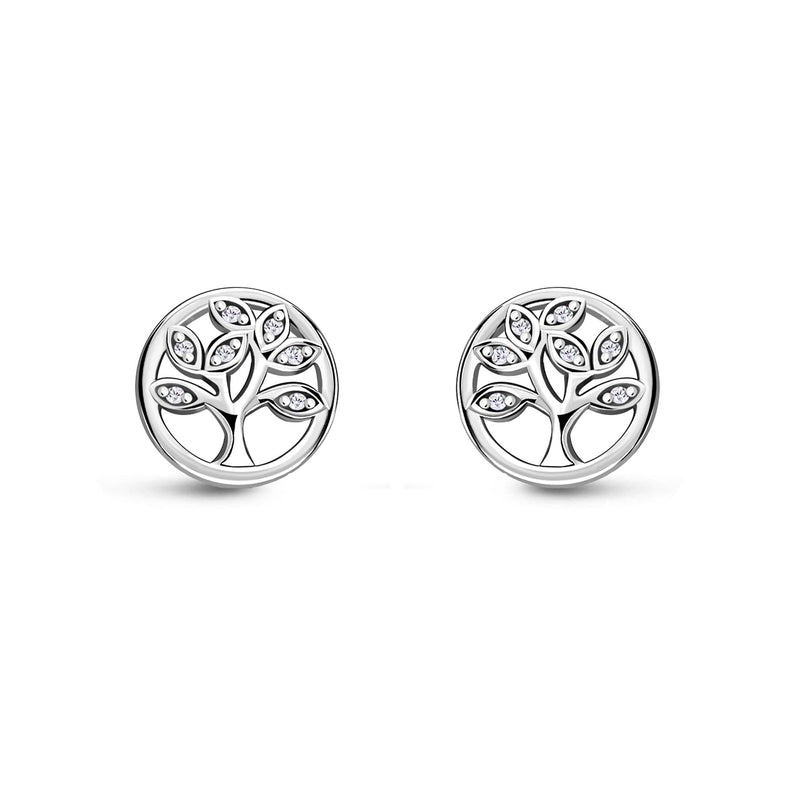 Sterling Silver CZ Round Tree of Life Stud Earrings