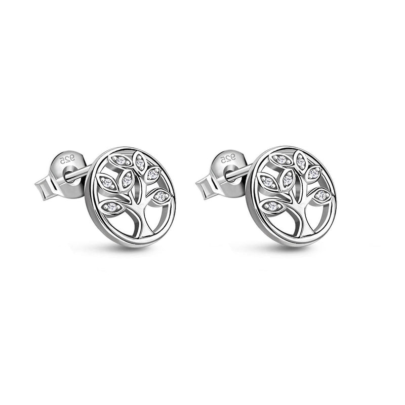 Sterling Silver CZ Round Tree of Life Stud Earrings