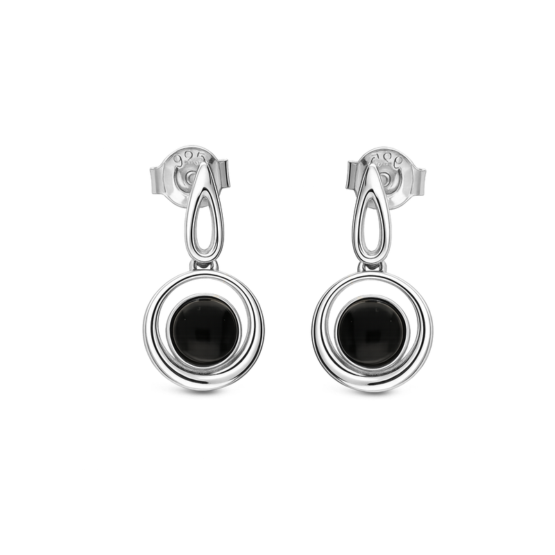 Sterling Silver Whitby Jet Double Round Drop Earrings