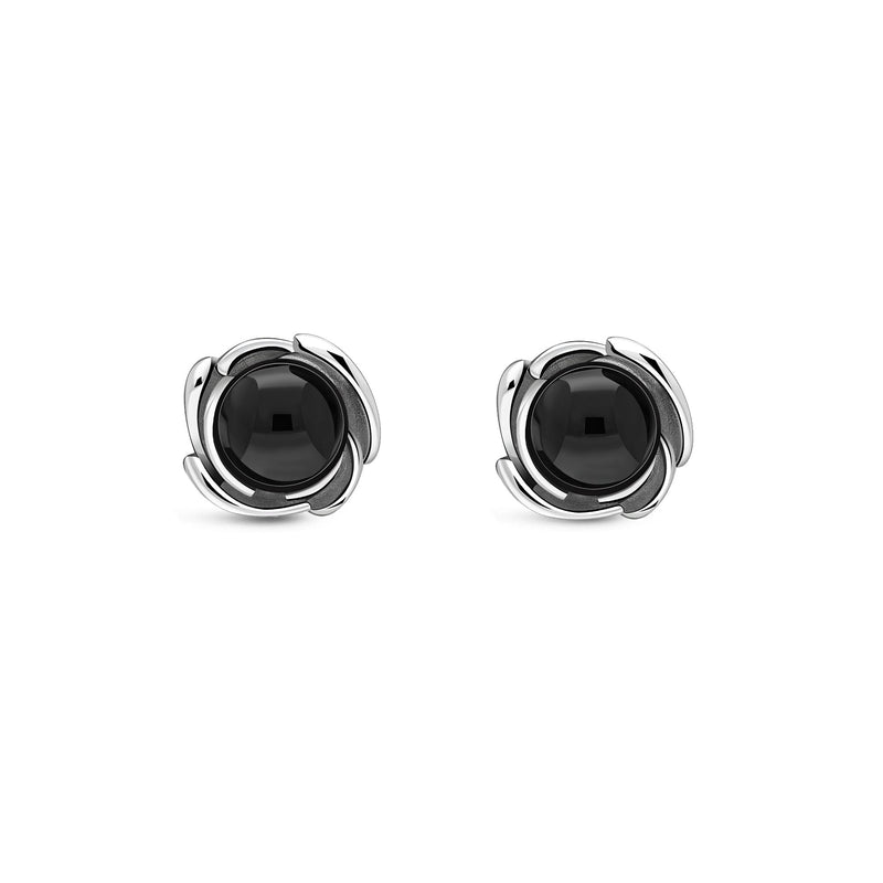 Sterling Silver Round Whitby Jet Flower Stud Earrings