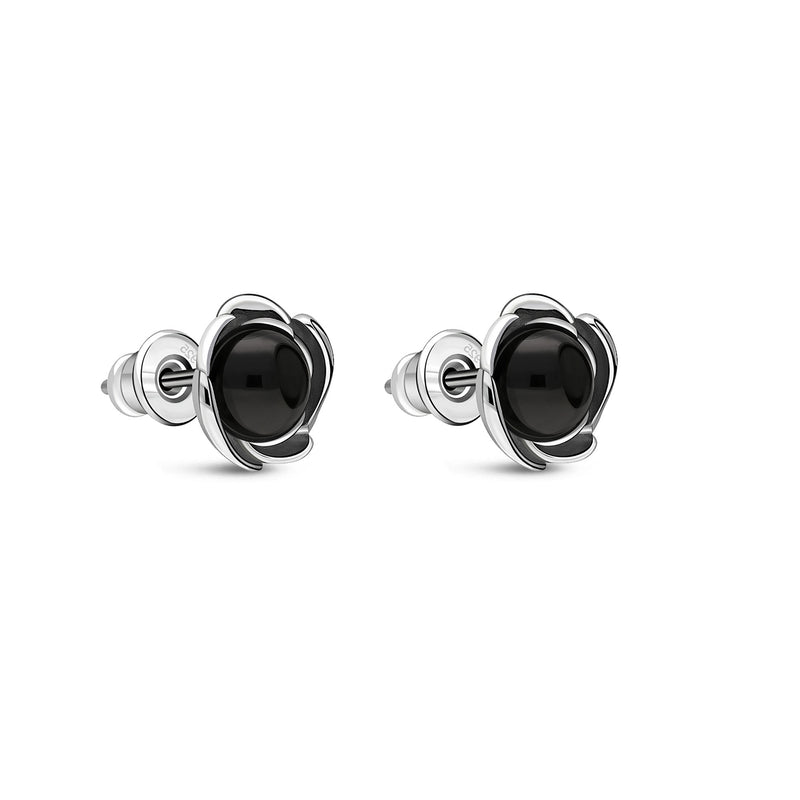 Sterling Silver Round Whitby Jet Flower Stud Earrings