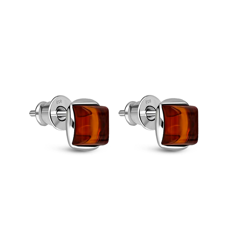 Sterling Silver Amber Designer Square Stud Earrings