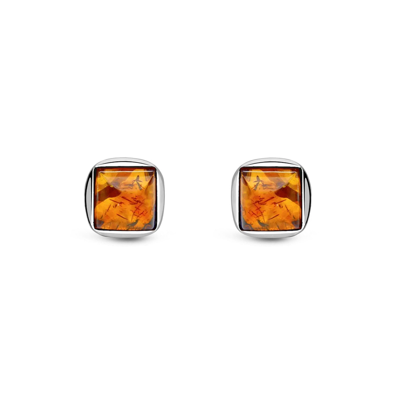 Sterling Silver Amber Designer Square Stud Earrings