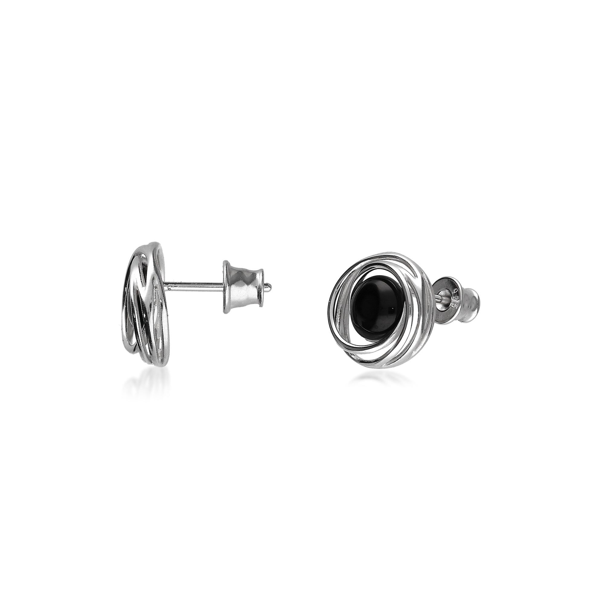 Sterling Silver Whitby Jet Swirl Round Stud Earrings