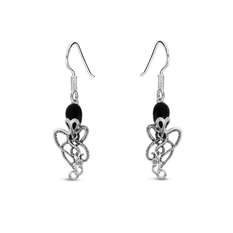 Sterling Silver Whitby Jet Octopus Drop Earrings