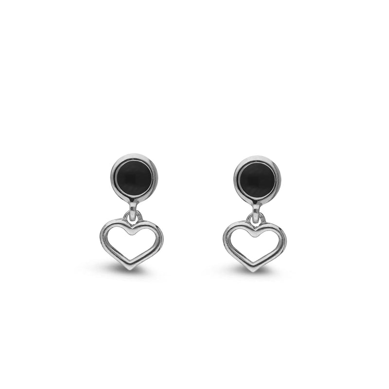Sterling Silver Whitby Jet Round Heart Drop Earrings