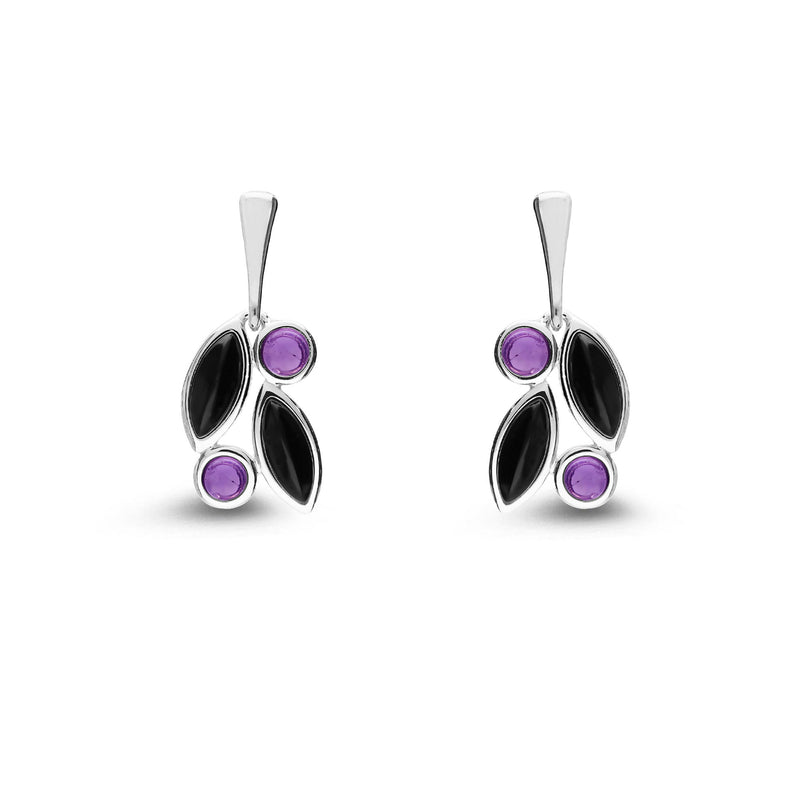 Sterling Silver Whitby Jet & Amethyst Leaf Earrings