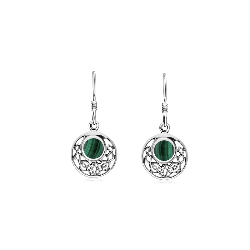 Sterling Silver Malachite Celtic Disc Drop Earrings