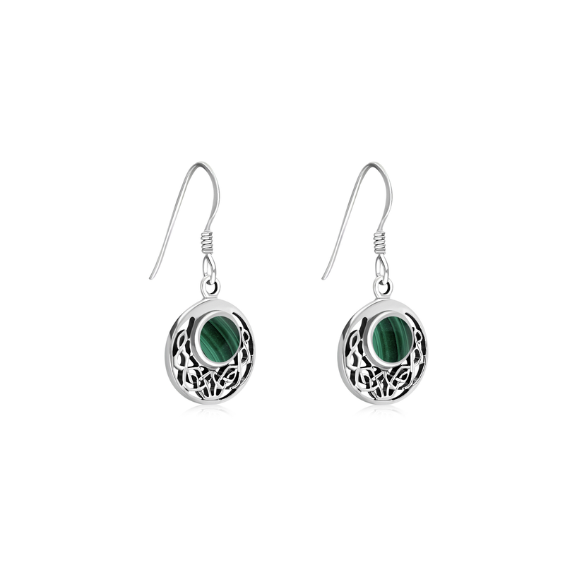Sterling Silver Malachite Celtic Disc Drop Earrings