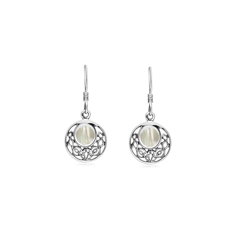 Sterling Silver Mother Of Pearl Celtic Disc Drop Earrings