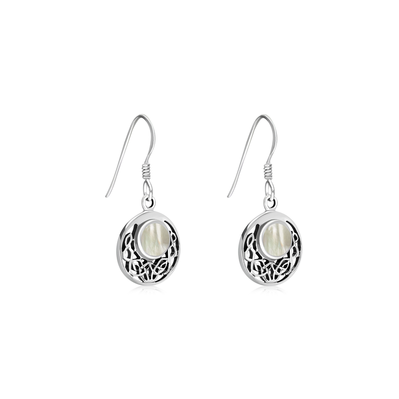 Sterling Silver Mother Of Pearl Celtic Disc Drop Earrings
