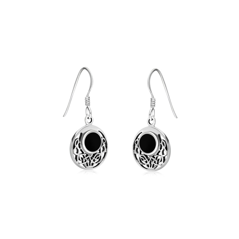 Sterling Silver Whitby Jet Celtic Disc Drop Earrings