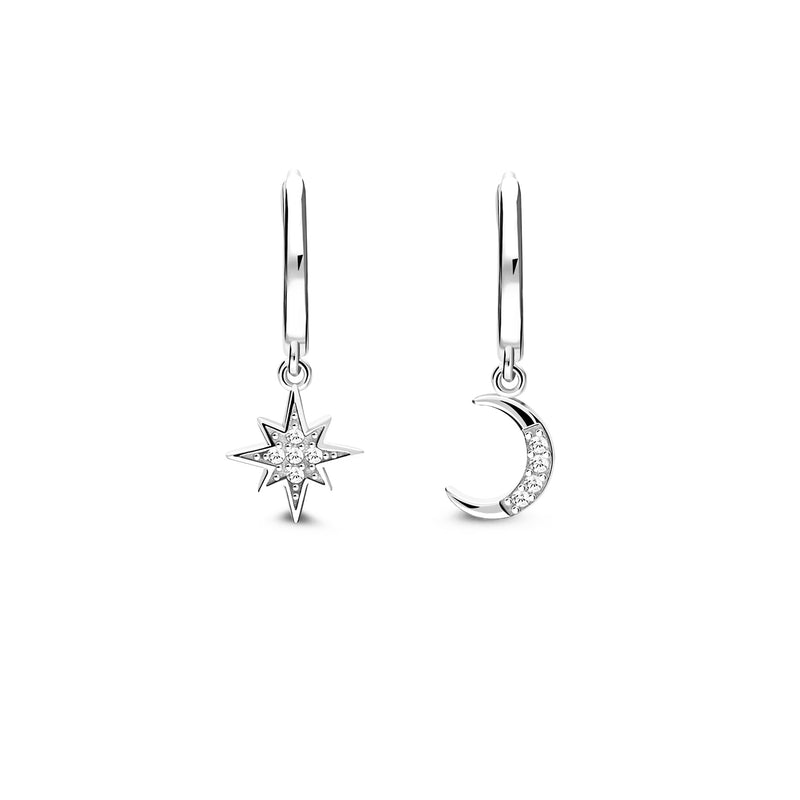 Sterling Silver CZ Moon & Star Hoop Earrings