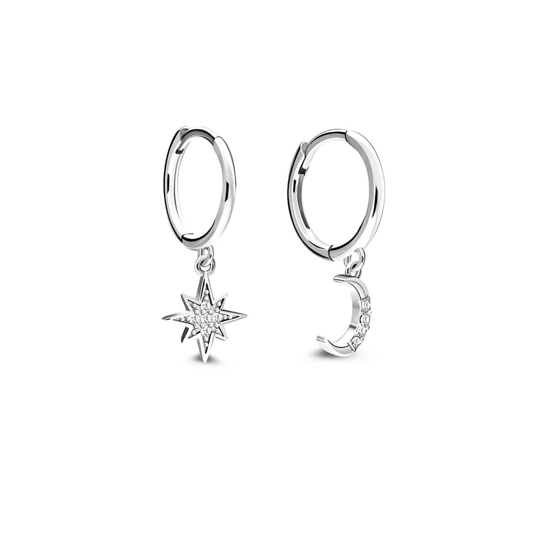 Sterling Silver CZ Moon & Star Hoop Earrings