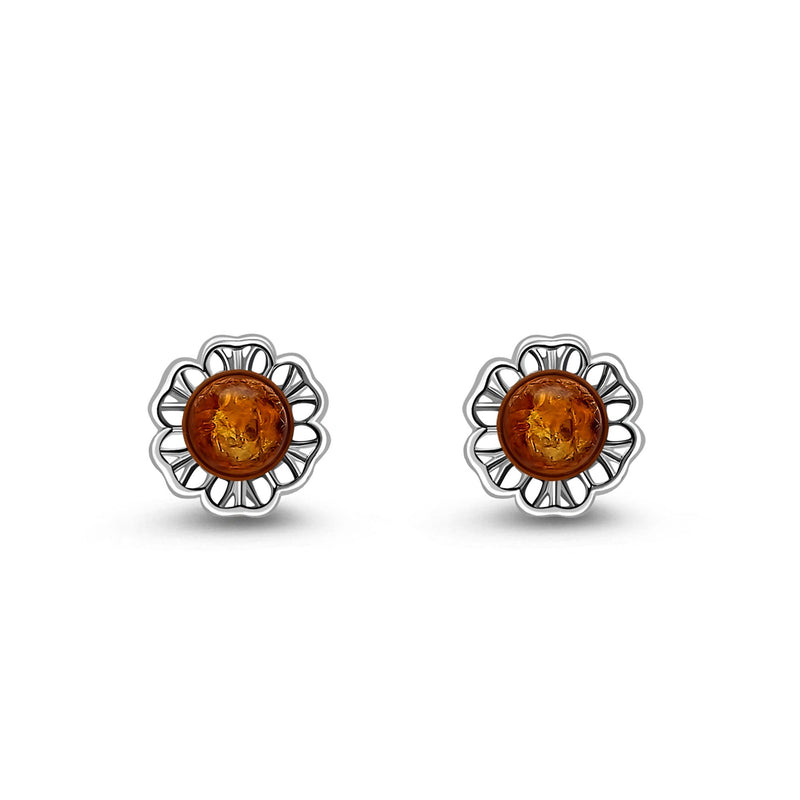 Sterling Silver Amber Flower Stud Earrings