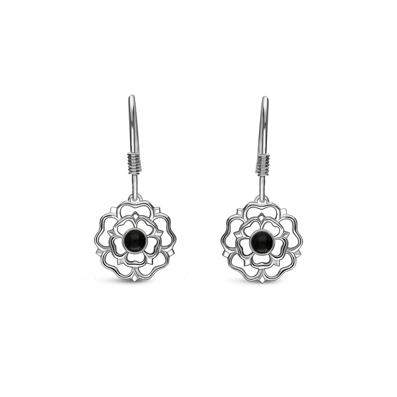 Sterling Silver Whitby Jet Yorkshire Rose Drop Earrings