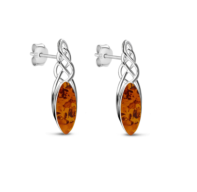 Sterling Silver Amber Celtic Marquise Twist Stud Earrings