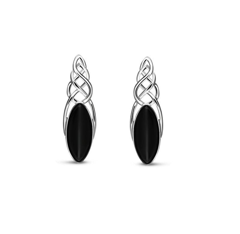 Sterling Silver Whitby Jet Celtic Twist Marquise Large Stud Earrings