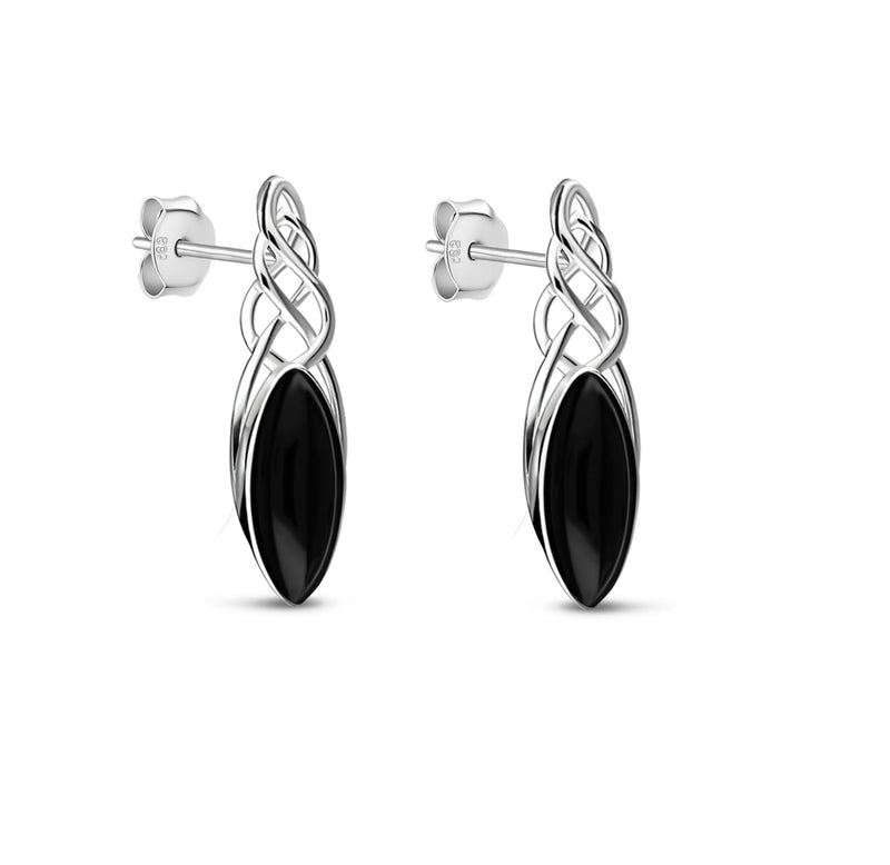 Sterling Silver Whitby Jet Celtic Twist Marquise Large Stud Earrings