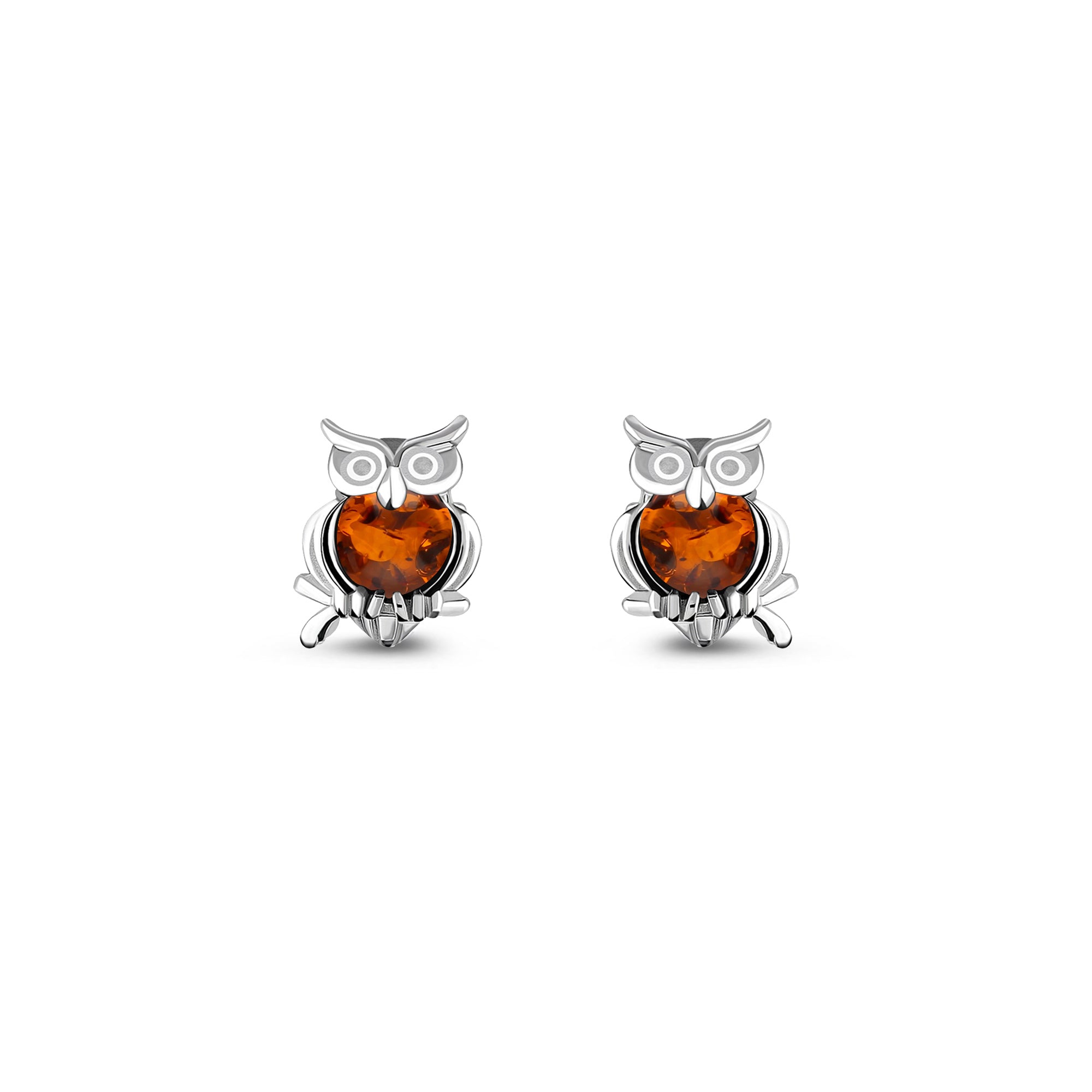 Sterling Silver Amber Owl Stud Earrings