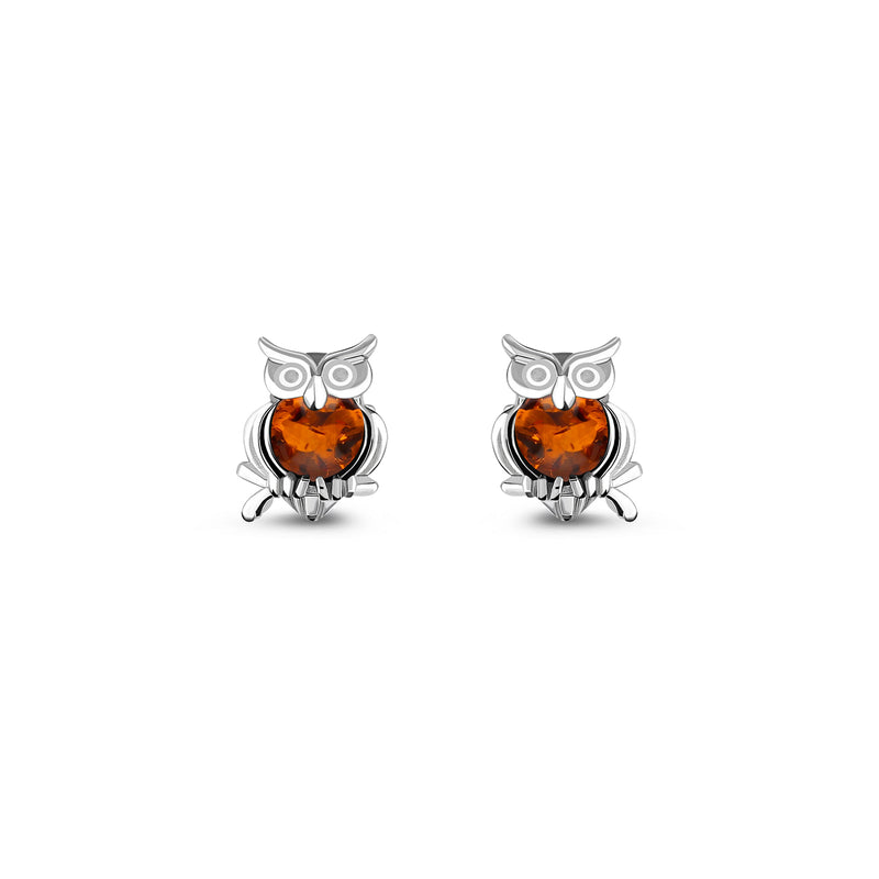 Sterling Silver Amber Owl Stud Earrings