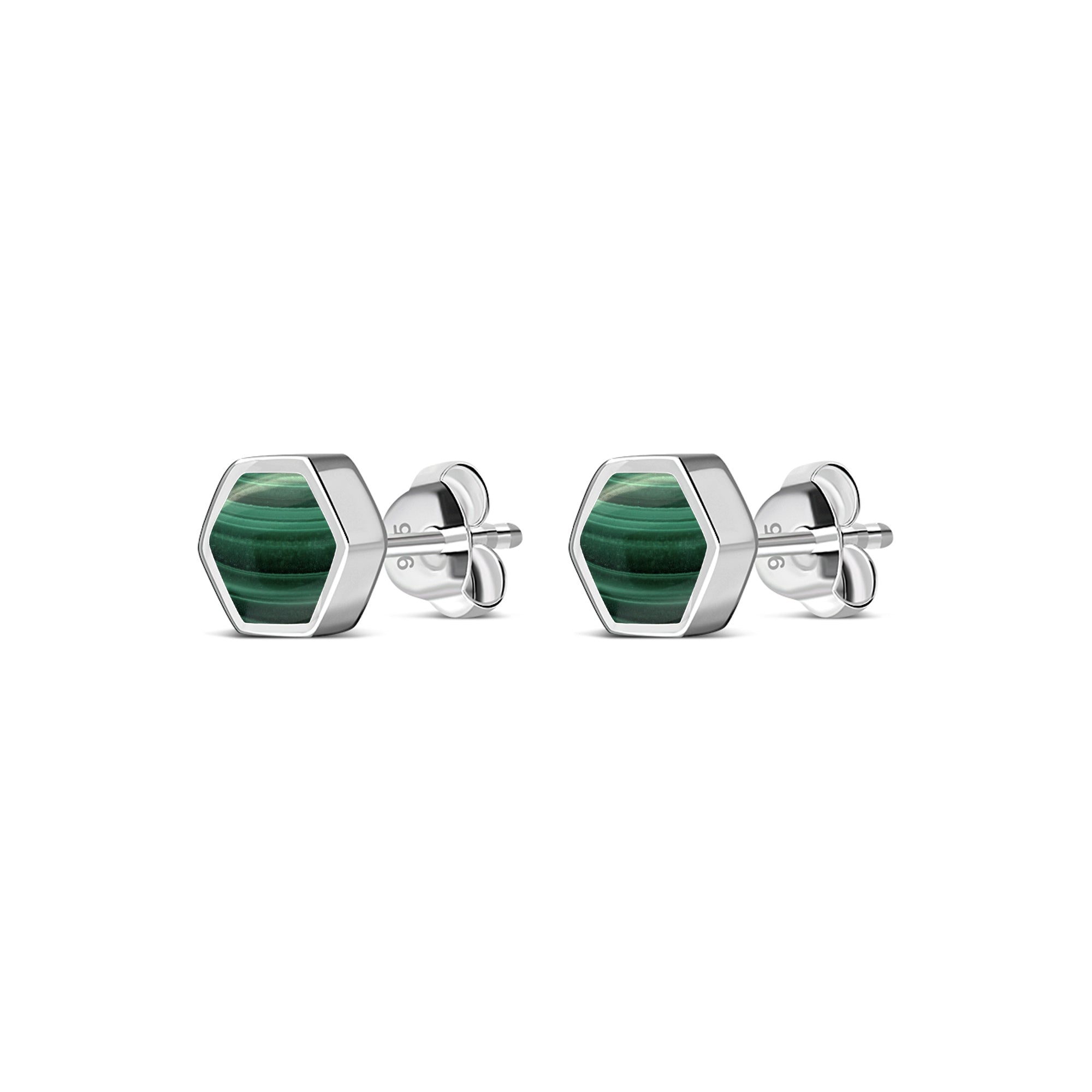 Sterling Silver Malachite Hexagon Stud Earrings