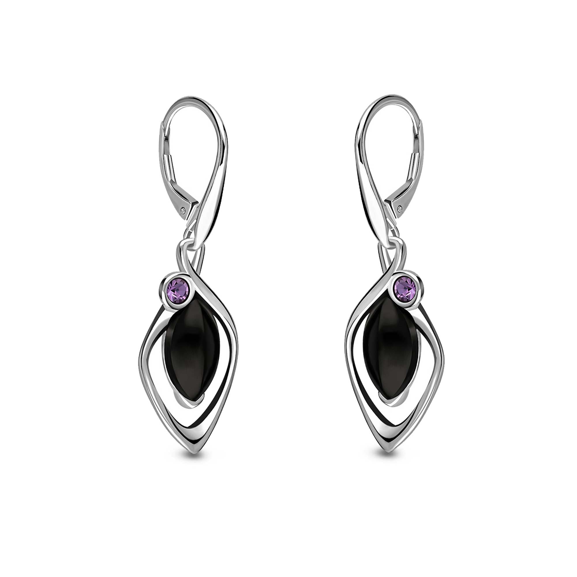 Sterling Silver Whitby Jet & Amethyst Designer Marquise Drop Earrings