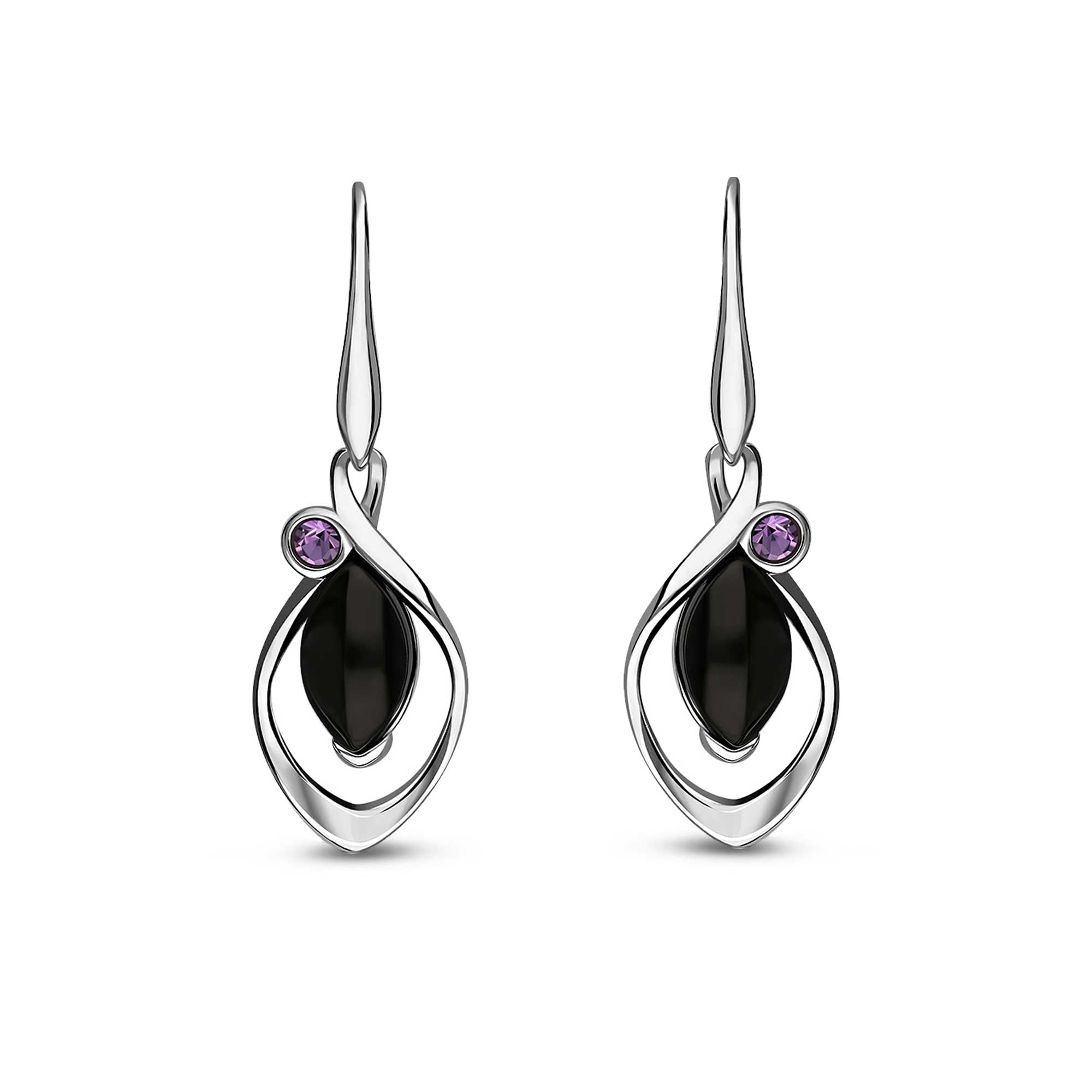 Sterling Silver Whitby Jet & Amethyst Designer Marquise Drop Earrings