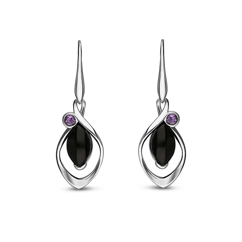 Sterling Silver Whitby Jet & Amethyst Designer Marquise Drop Earrings