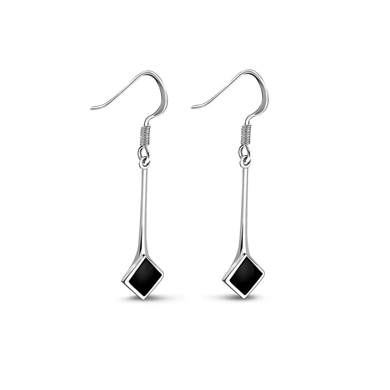 Sterling Silver Whitby Jet Square Long drop Earrings