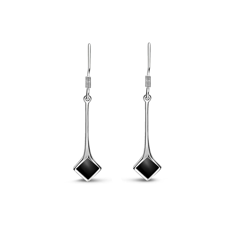 Sterling Silver Whitby Jet Square Long drop Earrings