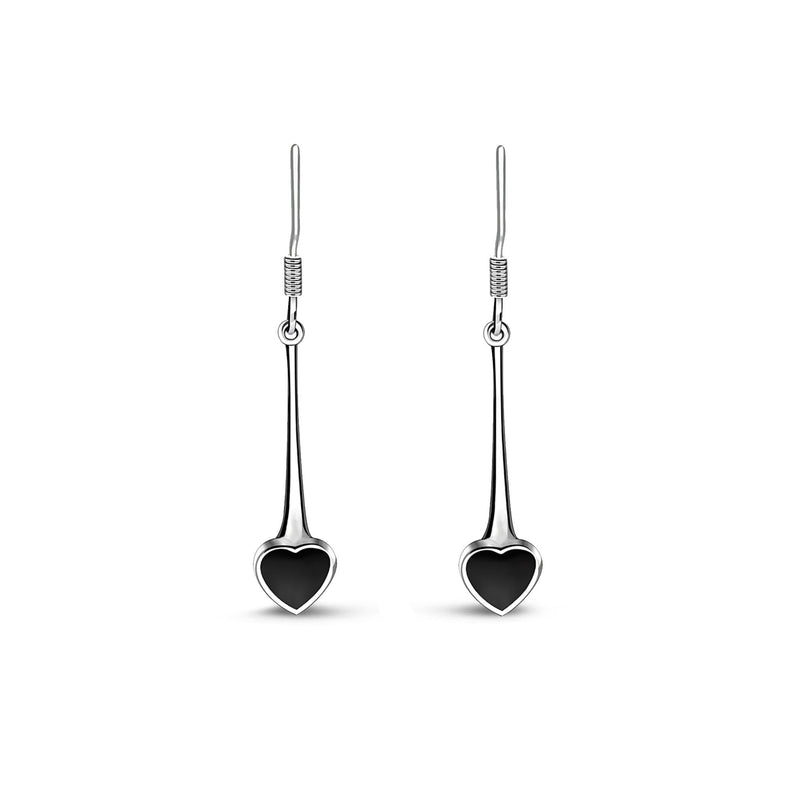 Sterling Silver Whitby Jet Heart Long drop Earrings