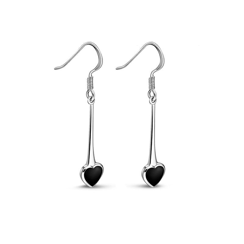 Sterling Silver Whitby Jet Heart Long drop Earrings