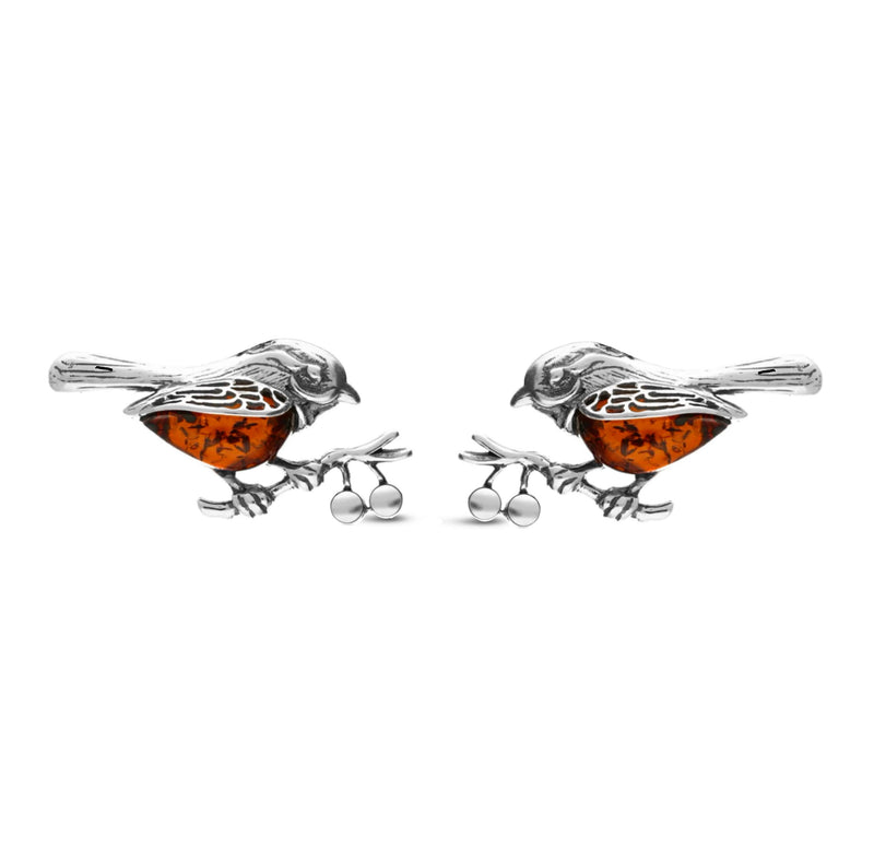 Sterling Silver Amber Robin Bird Stud Earrings