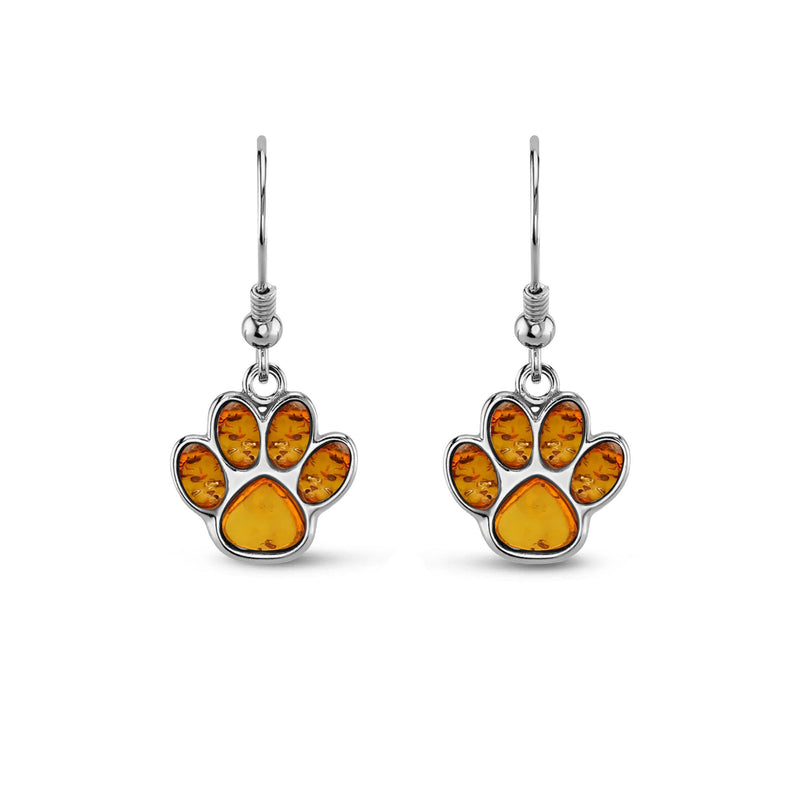 Sterling Silver Amber Paw Print Drop Earrings