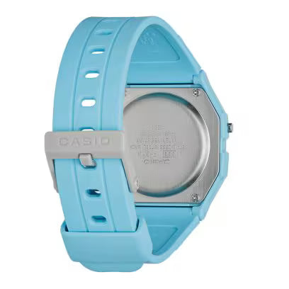 Rear view of blue Casio F-91W digital watch showing stainless steel case back, buckle and resin strap.