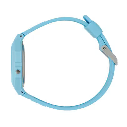 Side profile of blue Casio F-91W digital watch showing slim case and resin strap.