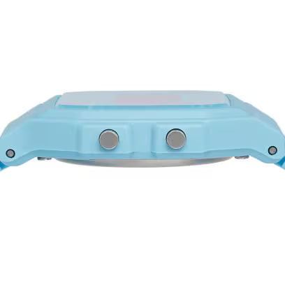 Side profile of blue Casio F-91W digital watch showing slim resin case and metal push buttons.