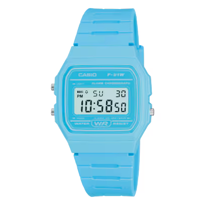 Blue Casio F-91W digital watch with matching blue resin strap and rectangular LCD display.