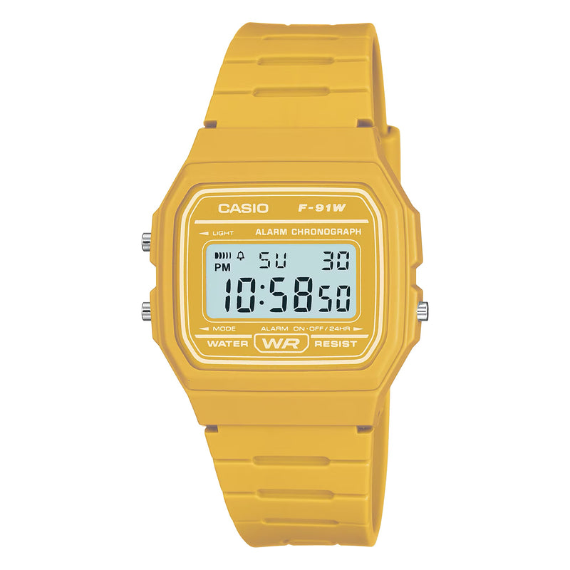 A Casio F-01W digital watch with a bright yellow plastic strap and case, featuring a light blue-green LCD display screen, shown against a plain white background.