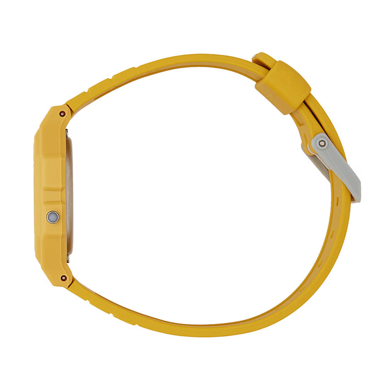 A yellow smartwatch with a matching silicone strap, shown from a side profile view against a solid white background.
