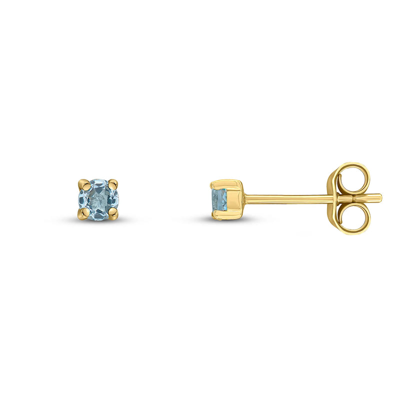 9ct Yellow Gold Aquamarine 3mm Round 4-Claw Stud Earrings