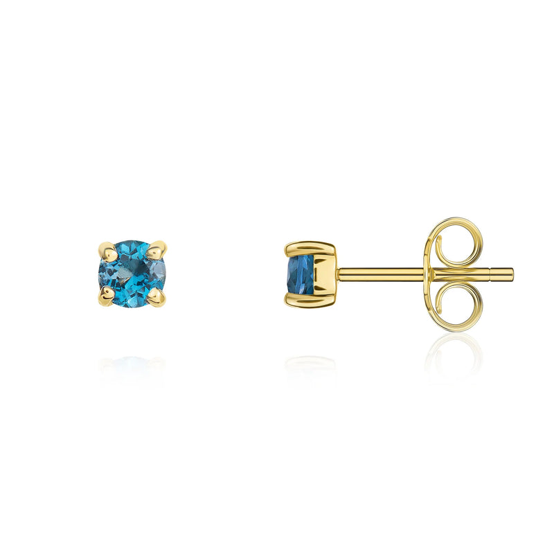 9ct Yellow Gold London Blue Topaz 3mm Round 4-Claw Stud Earrings