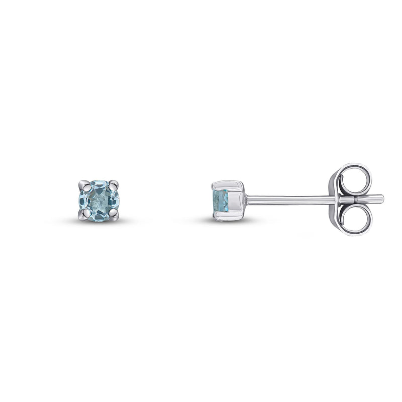 9ct White Gold Aquamarine 3mm Round 4-Claw Stud Earrings