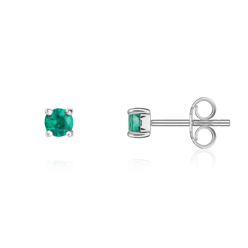 9ct White Gold Emerald 3mm Round 4-Claw Stud Earrings