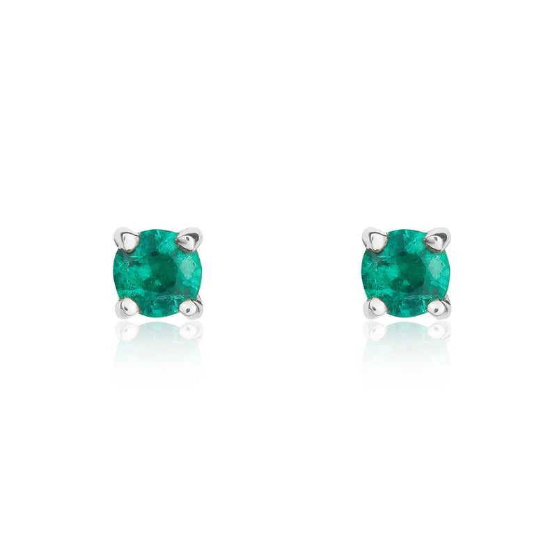 9ct White Gold Emerald 3mm Round 4-Claw Stud Earrings